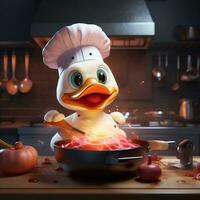 Cute duck cartoon character wearing chef uniform. Cooking and smiling photo