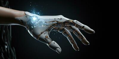 Cyborg hand finger pointing, technology of artificial intelligence photo