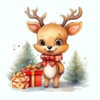 Christmas little deer with presents watercolor in beautiful style. Cartoon illustration on white background photo
