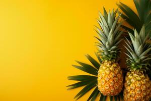 Pineapples and palm leaves on a sunny yellow summer background AI Generated photo