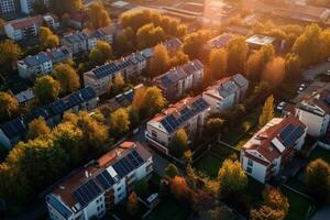 Drone view of houses with solar panels. AI Generated photo