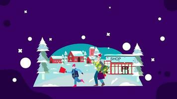 allegro Natale e contento nuovo anno, 2d rendering, pupazzo di neve, cervo, Santa Claus ballare, animazione ciclo continuo composizione 2d Mappatura cartone animato, Natale attività video