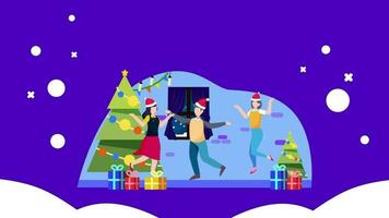 Merry christmas and happy new year, 2d rendering, Snowman, Deer, santa claus Dancing, Animation Loop composition 2d mapping cartoon, christmas activity video