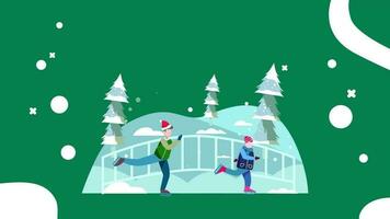 allegro Natale e contento nuovo anno, 2d rendering, pupazzo di neve, cervo, Santa Claus ballare, animazione ciclo continuo composizione 2d Mappatura cartone animato, Natale attività video