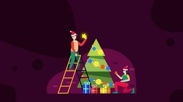 allegro Natale e contento nuovo anno, 2d rendering, pupazzo di neve, cervo, Santa Claus ballare, animazione ciclo continuo composizione 2d Mappatura cartone animato, Natale attività video