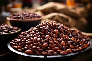 Roasted coffee beans at a market stall. AI Generated photo