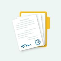 Document, folder with stamp and text icon in flat style. White papers vector illustration on isolated background. Confirmed or approved document sign business concept.