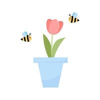 Tulip in a pot around which bees fly. vector