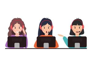 A set of illustrations of girls working at computers. Call center operator. The girl is talking to a client on the phone. vector