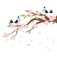 A branch with blooming flowers. Two birds on a flowering branch. Spring. vector