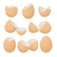 Eggshell icons set. Farm chicken eggs are broken. Broken eggs with pieces of eggshell. Broken fragile egg in incubator vector set. Divided shell with trash, culinary ingredient.