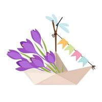 A bouquet of crocuses lies in a small paper boat with flags on which a dragonfly sits. vector