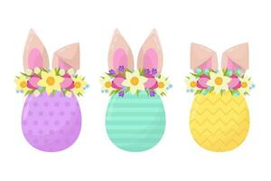 Set of Easter eggs with bunny ears in floral wreaths. Easter Bunny. vector