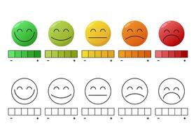 Emotional scale in the form of emoticons. Scale of emotions from excellent to terrible. Scale in the form of five human emotions colored and black and white. The emotional state of a person. Emotion vector