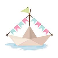 Paper box in a puddle. A ship with flags and a paper garland. Spring decor. vector