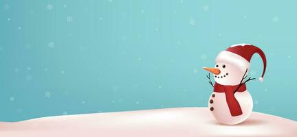 Merry christmas and happy new year greeting card with copy-space and Cute snowman standing in winter christmas landscape snow falling vector