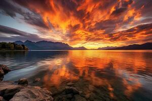 Beautiful sunset over Lake Wakatipu, Queenstown, New Zealand, Bright sunset over lake Geneva, Switzerland, golden clouds reflect in the water, AI Generated photo