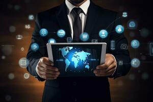 Businessman holding tablet with social media icons and symbols. Technology concept, Businessman using tablet computer with business icons on virtual screen, AI Generated photo