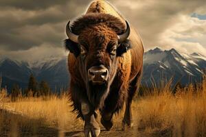 Bison in the High Teton National Park, Wyoming, USA, buffalo in the wild, AI Generated photo