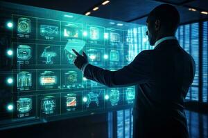 Back view of businessman touching icon of media screen against futuristic glowing background, Businessmen hand select the icon Data Privacy on the virtual display, AI Generated photo