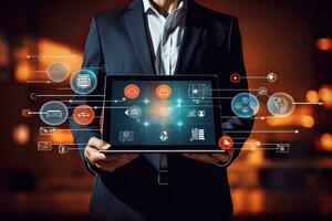 Close up of businessman holding tablet with virtual media icons. Mixed media, Businessman using tablet computer with business icons on virtual screen. Internet and technology, AI Generated photo