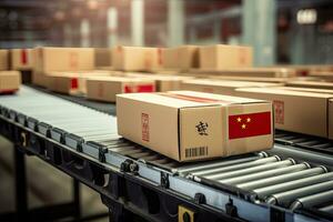 Boxes with China flag printed on a conveyor belt. 3D rendering, Cardboard boxes with text made in China and chinese flag on the roller conveyor, AI Generated photo