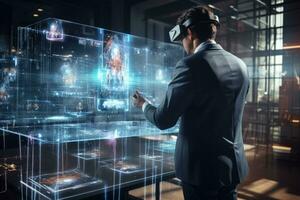 Virtual reality experience. Double exposure of young man in VR headset touching hologram screen while standing indoors, Businessman wearing VR and using AI technology, AI Generated photo