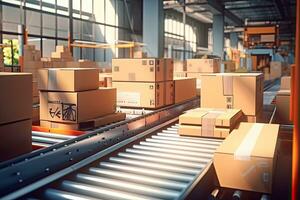 Conveyor belt with cardboard boxes in warehouse. 3d rendering, Cardboard boxes on conveyor belt in warehouse. Automatic production line. Logistic and shipment, AI Generated photo