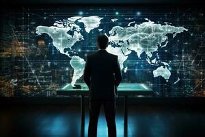 Back view of young businessman looking at digital world map on virtual screen. 3D rendering, Businessman working on a hologram showing global map, rear view, AI Generated photo
