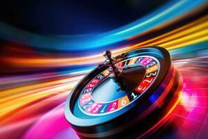 Casino roulette wheel on colorful background, 3d render illustration, Casino roulette wheel in motion on a colorful background, AI Generated photo
