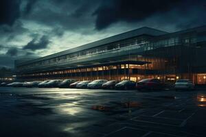 Night view of modern office building with many cars parked in parking lot, Car park at the end of the day, AI Generated photo