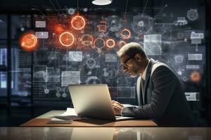 Conceptual image of young businessman sitting at table and using laptop, businessman working with new modern computer and business strategy documents as concept, AI Generated photo
