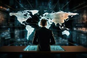 Businessman sitting at table and looking at world map. Technology concept, Businessman working on a hologram showing global map, rear view, AI Generated photo