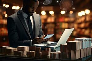 Businessman using a laptop in a warehouse. 3D rendering, Businessman using smart phone and laptop computer with online shopping concept, AI Generated photo