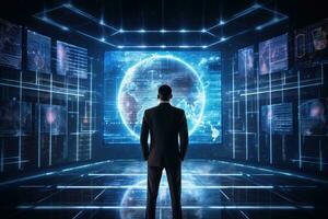 Rear view of businessman looking at digital earth hologram on abstract background, Businessman standing in front of a big hologram screen showing global network system, rear view, AI Generated photo
