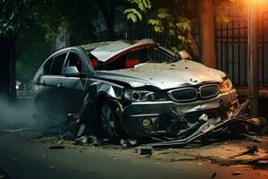 coche accidente en el la carretera en el ciudad. coche seguro concepto. coche accidente, ai generado foto