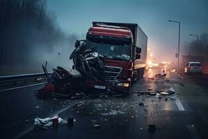 Car accident on the road at night with fog in the background. Car crash accident with TIR truck on road, AI Generated photo
