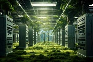 Futuristic server room with green grass and trees 3D rendering, Bright server room with trees and grass growing out out of servers, AI Generated photo