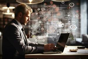 Businessman working with laptop in cafe. Technology concept. Double exposure, businessman working with new modern computer and business strategy documents as concept, AI Generated photo