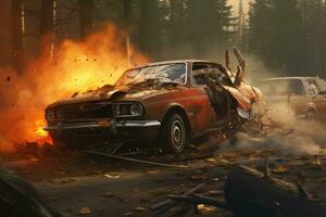 Burning car in the forest. Burning car in the forest. car accident, AI Generated photo