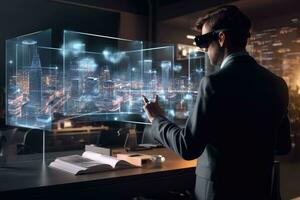 businessman with virtual reality headset working with new modern computer and city at night, Businessman wearing VR and using AI technology hologram at work, rear view, AI Generated photo
