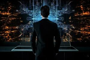 Back view of young businessman standing with hands on hips and looking at digital hologram, Businessman using advanced AI technology on a Black background, rear view, AI Generated photo