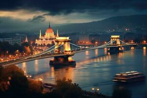 Budapest cadena puente y Danubio río a noche, Hungría, Budapest con cadena puente y parlamento, Hungría, ai generado foto