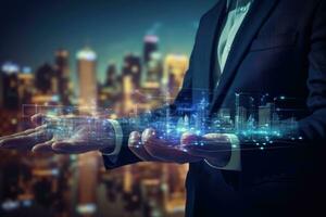 Close up of businessman hand using digital hologram with cityscape background, Businessman hand working with digital business chart interface on blurred city background, AI Generated photo