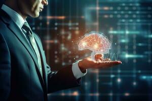 Close up of businessman hand holding human brain hologram. Mixed media, Businessman hand using digital brain interface with data analysis and cloud computing concept, AI Generated photo