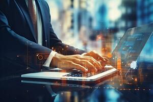 Close up of businessman working on laptop with double exposure of business interface. Toned image, Businessman hand in modern office working, AI Generated photo