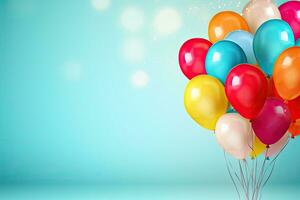Bunch of colorful balloons on blue background with bokeh effect, Bunch of bright balloons and space for text against color background, AI Generated photo