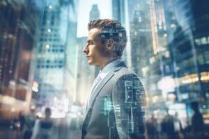 business, people and technology concept - close up of young man in suit looking at virtual projection over office building background, Businessman Leveraging AI Technology on a blurry, AI Generated photo
