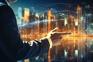 Double exposure of business man hand pointing with finger on modern city background, Businessman hand working with digital business chart interface on blurred city background, AI Generated photo