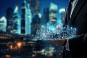 Close up of businessman holding construction project over cityscape background. Mixed media, Businessman hand on blurred background using digital holographic interface 3D rendering, AI Generated photo
